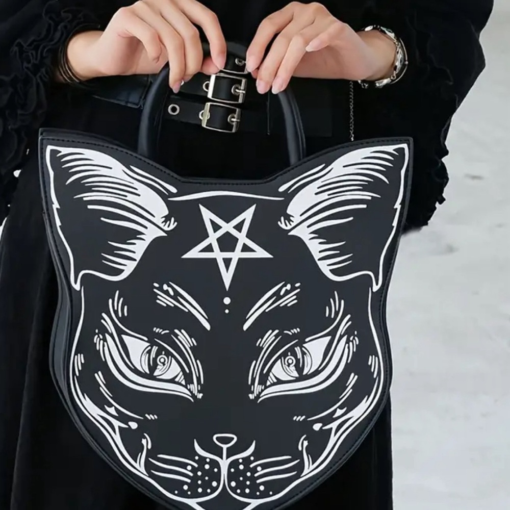 Casual Feline Gothic Purse/ Handbag- Cat Head Shaped Design, Punk Style - Picture 5 of 11